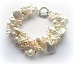 Pearl bracelet, wedding jewelry, white freshwater pearls - Handmade AnaMarina - PinkLion Pearl Ankle Bracelet, Bridal Cuff Bracelet, Bracelet Combo, Bridal Cuff, Bridal Bracelet Pearl, Pearl Bride, Pearl Bracelet Wedding, Not On The High Street, White Pearl Bracelet