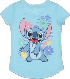 Light Blue T-shirt With Cartoon Print For Spring, Spring Cotton Tops With Character Print, Cute Stretch Cotton T-shirt, Blue Cartoon Print Shirt For Spring, Fun Light Blue Crew Neck T-shirt, Playful Stretch Crew Neck Top, Blue Character Print T-shirt For Summer, Blue Cotton Top With Cartoon Print, Stretch Cotton Tops With Cartoon Print