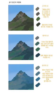 an image of mountains and hills in different stages of painting, including the top one with green