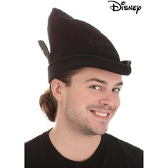 Look as dashing as a legendary character's shadow in this exclusive, officially licensed Peter Pan Disney Black Hat! The black cloth hat has a short brim that comes to a point in the front, and a black feather sewn jauntily into its right side. The brim comes to a diagonal point at the end. Peter Pan Disney, Black Feathers, Black Hat, Peter Pan, Right Side, The Black, The End, Disney, Hats