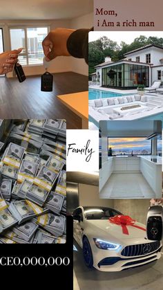 a collage of photos with money and houses