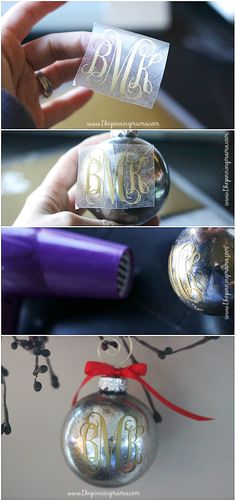 three different photos showing how to make christmas ornaments with acrylic foil on them