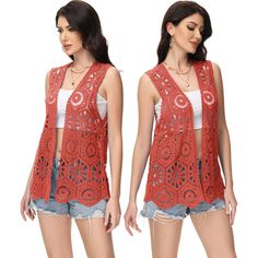 Introducing the Anna-Kaci Women's Floral Crochet Cardigan Lace Trim Sleeveless Open Front Vest. This lightweight and breathable cover-up features intricate floral crochet lace trim and a draped asymmetric hem for a simple yet stylish boho look. Fall Sleeveless Open Knit Tank Top, Fall Open Knit Sleeveless Tank Top, Fall Season Sleeveless Open Knit Tank Top, Fall Season Open Knit Sleeveless Tank Top, Sleeveless Open Knit Crochet Top For Fall, Spring Sleeveless Fitted Cover-up, Spring Open Knit Vest For Layering, Summer Open Knit Sweater Vest For Layering, Fitted Sleeveless Spring Cover-up