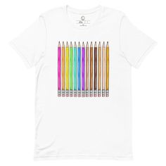 Grab your All Are Welcomed, (All Is Welcome) Teacher T-shirt, Colored Pencils Rainbow shirt today! This shirt is a symbol of support for teachers, students, and everyone. Perfect First Year Teacher Tshirt. This bright, fun, and vibrant teacher graphic tee is perfect for preschool, kindergarten, elementary, middle school, highschool, and everything in between.|| DESCRIPTIONMaterials✨ 100% cotton✨ Pre-shrunk✨ Classic fit✨1x1 athletic rib knit collar with spandex✨Air-jet spun yarn with a soft feel White Graphic T-shirt For School, White Graphic Design T-shirt For School, White Tops For Everyday Back To School, White Tops For Everyday Back-to-school Wear, Multicolor Screen Print T-shirt For School, First Year Teacher, School Highschool, First Year Teachers, Teacher Mom