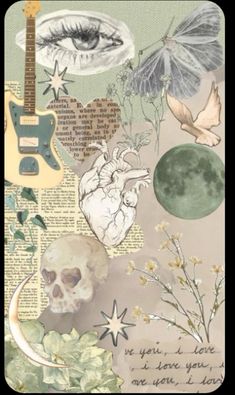 a collage of various items including a guitar, skull, and flowers with words written on them