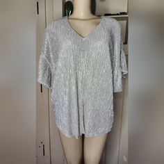 New Nwt Size Xs (Ovwrsized Style) Armpit To Armpit 21" Lenght 28" Chic Silver V-neck Top, Silver Stretch Top For Spring, Silver Stretch Tops For Spring, Chic Silver Summer Blouse, Chic Silver Blouse For Summer, Chic Silver Blouse For Spring, Silver Top, Silver Tops, Virginia