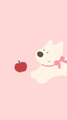 a polar bear and an apple on a pink background