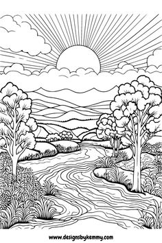 Beautiful Landscape Coloring Pages | Coloring Pages For Adults | Designs By Kemmy Free Color Pages, Landscape Coloring Pages, Sunflower Coloring, Kid Coloring Pages, Coloring Pages For Preschool, Coloring Pages Animals, Coloring Pages For Preschoolers, Birds Coloring Pages, Sunflower Coloring Pages