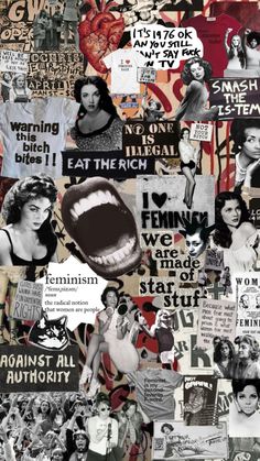 collage of women's faces and words on different types of paper art work