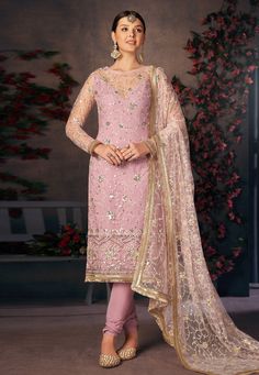 Buy Indian Party wedding wear salwar Pink net churidar salwar suit 228 online in USA, UK and Canada from KollyBollyEthnics.com Wedding Palazzo, Garara Dress, Pink Plus Size, Celana Fashion, Churidar Suits, Indian Salwar Kameez, Palazzo Suit, Embroidered Pants, Light Lavender