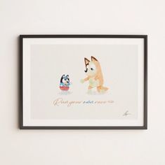 a framed print with a dog and penguin on it's back, saying run your own race