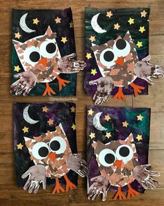 three owls made out of paper on top of a wooden table with stars and moon