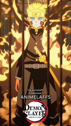 an anime character standing behind bars with fire in the background