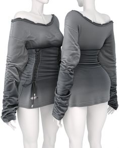 two mannequins wearing grey dresses with long sleeves