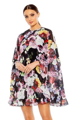 Short high neck floral print long cape sleeve party dress. Floral Print Dress With Cape Sleeves For Party, Spring Long Sleeve Cape For Evening, Long Sleeve Spring Cape For Evening, Spring Evening Long Sleeve Cape, Floral Print Wedding Dress With Cape Sleeves, Long Sleeve Cape For Spring Evening, Wedding Dress With Floral Print And Cape Sleeves, Spring Evening Cape With Long Sleeves, Formal Cape With Cape Sleeves For Spring