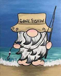 a painting of a cartoon character holding a fishing pole and wearing a hat with the words gone fishin written on it