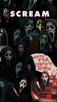 the scream movie poster is shown with many masks and words in red, white, and black