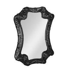 a mirror that is on the wall with black trimmings and an intricate frame