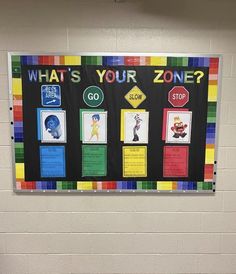 a bulletin board on the wall that says what's your zone? with pictures and words