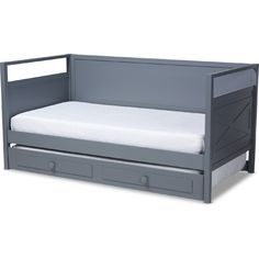 a gray daybed with two drawers and a mattress on it's bottom shelf