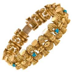 A magnificent Turquoise and 18k Yellow Gold TIFFANY&CO bracelet, Circa 1960's. The weight is 87 grams, the length is 7 inches, width is little over 1/2 inch (15mm). No original papers. Gold Tiffany, Tiffany And Co Bracelet, Retro Bracelet, 18k Gold Bracelet, Modern Bracelets, Vintage Tiffany, Antique Bracelets, Bangles Jewelry Designs, Diamond Jewelry Designs