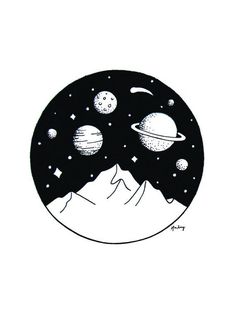 a drawing of the planets and their satellites in a circle with mountains on each side