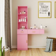 a pink desk with shelves and bottles on it in a room next to a window