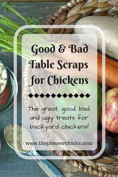 a basket full of food with the words good and bad table scraps for chickens