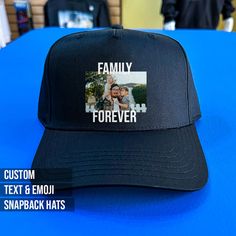 Discover the perfect personalized touch with our Custom Photo Cap! Ideal for men and women, this hat lets you proudly showcase your favorite memories or designs. A unique gift idea, it invites you to create a one-of-a-kind accessory. Genuine, straightforward, and truly special, it's customization at its finest. Craft yours today! Here's how to order: 1. Choose decoration style. 2. Choose quantity. 3. Enter custom text if applicable and or send us images or logos via Etsy messages or email to hel Letter Print Hat For Father's Day Gift, Father's Day Gift Hats With Letter Print, Customizable Black Snapback Hat For Sports Events, Customizable Black Snapback Hat For Sports, Customizable Curved Brim Snapback Hat For Sports Events, Customizable Hats As Father's Day Gifts, Father's Day Letter Print Snapback Hat With Flat Bill, Father's Day Gift Trucker Hat With Flat Bill, Father's Day Gift Trucker Hat With Curved Brim