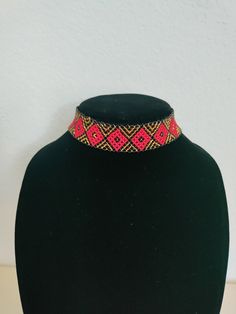 Adjustable length, 13-151/2 inches. Adjustable Beaded Choker, Traditional Beaded Chain Choker, Traditional Red Beads Choker, Traditional Red Jewelry With Tiny Beads, Traditional Adjustable Black Beads Choker, Traditional Adjustable Beads For Party, Adjustable Gold Beaded Necklace For Festival, Festival Choker With Large Beads, Traditional Red Necklace With Black Beads