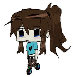 a drawing of a girl with long brown hair and blue shirt standing in front of a white background