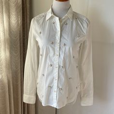 Jcp White Shirt With Pearls And Beads Embellishments Sz S Nwt Embellished White Shirt, White Tops With Pearl Buttons For Work, Pearl Embellished Top, White Long Sleeve Embellished Shirt, Elegant Embellished Button-up Blouse, White Button-up Tops With Pearl Buttons, Blue Shirt With Jeans, Beaded Shirt, Embellished Shirt