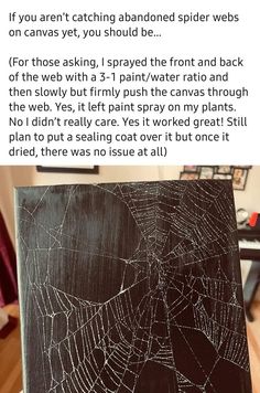 a spider web is on the back of a black canvas with words written below it