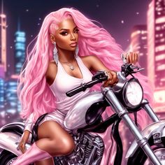 a woman with pink hair on a motorcycle in front of a cityscape at night