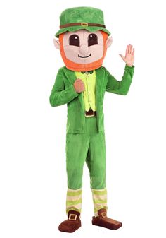 a man in a green lepreti costume standing with his hand up to the side