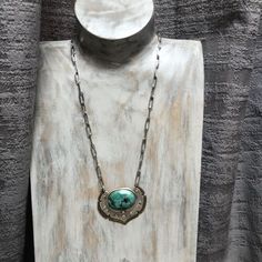 Green Turquoise Silver & Brass necklace   | eBay Patina Round Pendant Necklaces For Gift, Patina Round Pendant Necklace For Gift, Round Pendant Necklace With Patina For Gift, Bohemian Turquoise Oval Pendant For Jewelry Making, Bohemian Turquoise Oval Pendant Jewelry, Bohemian Turquoise Oval Pendant Necklace, Elegant Turquoise Pendant Necklace With Natural Stones, Elegant Turquoise Pendant Necklace With Large Stone, Unique Turquoise Necklace With Patina