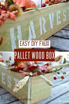 an easy diy faux pallet wood box with fall leaves and flowers in it