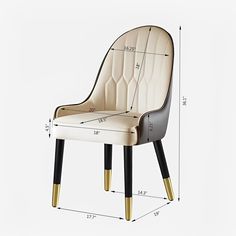 a white chair with black legs and gold trimmings on the back, measurements