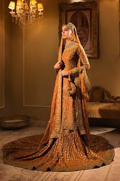 Orange Long Kameez Lehenga Pakistani Bridal Dresses Orange Gharara, Bridal Gharara, Long Kameez, Pakistani Mehndi Dress, Kameez Lehenga, Lehenga Pakistani, Vintage Color Palette, Pakistani Bridal Lehenga, Bridal Mehndi Dresses