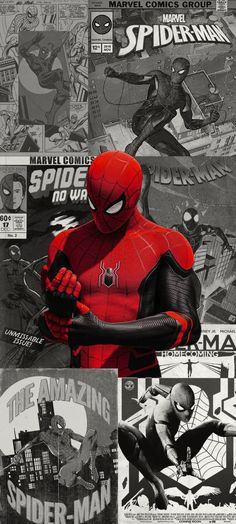 the amazing spider - man poster is shown in black and white, with red accents