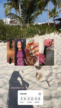 a woman standing on top of a sandy beach next to palm trees and holding onto a cell phone