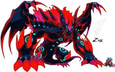 a red and black dragon is standing in front of a white background with blue accents