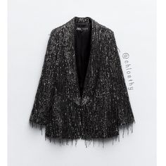 New With Tag Seller: @Chloethy Brand Zara Zara F/W 2023 Collection Open Front Blazer With Lapel Collar And Long Sleeves With Shoulder Pads. Sequin And Fringe Appliqu. Black / Silver | 8917/873 Outer Shell 95% Polyester 5% Elastane Lining 100% Acetate Chic Metallic Blazer For Evening, Chic Metallic Evening Blazer, Elegant Metallic Blazer For Night Out, Elegant Metallic Long Sleeve Blazer, Luxury Silver Outerwear For Parties, Chic Embellished Outerwear For Party Season, Glamorous Metallic Formal Outerwear, Luxury Metallic Party Outerwear, Chic Embellished Winter Blazer