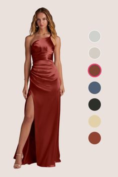 a woman in a long red dress standing next to an assortment of color swatches