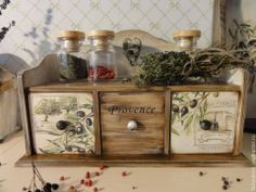 an old dresser with spices and herbs on it