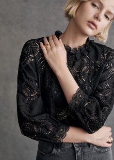 Blouse with 7/8th sleeves;High collar and cuffs in guipure;Back slit closed with a button;Length from shoulder 62.5 cm  / 24.6 in (for a size 36) Sezane Blouse, Wardrobe Ideas, Blouse Black, Collar And Cuff, Parisian Style, High Collar, Concert Outfit, Black Blouse, Black Cotton