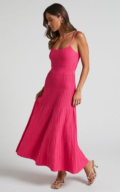 Donissa Midi Dress - Panelled Knit Dress in Hot Pink | Showpo USA Pink Pleated Summer Dress, Hot Pink Midi Aline Dress, Pink Dress Villanelle, Hot Pink Dress Casual Long, Luxury Pink Summer Dresses, Luxury Pink Vacation Dresses, Fuschia Knit Dress, Ss22 Trends Long Dress, Evening Dresses Short