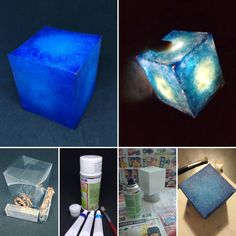 there are four different pictures that have been made to look like cubes with lights on them