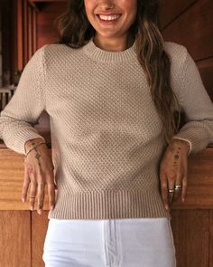 When the transitional weather hits, this classic shrunken crew sweater is the perfect amount of warmth and good looks. Crafted from a 100% recycled wool yarn from Italy in a distinctive moss stitch that sets this sweater apart from the rest. A slim crewneck sweater in a compact 5-gauge knit. 1x1 rib trim on neckline, cuffs and hem. Slightly shrunken silhouette makes this an ideal layering piece as the temperature drops. Moss Stitch, Women's Sweaters, Polo Sweater, Crewneck Sweater, Wool Yarn, Layering Pieces, Party Hats, Crew Neck Sweater, Oatmeal