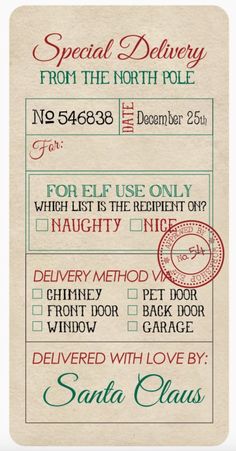 a christmas delivery card with the words special delivery from the north pole in green and red